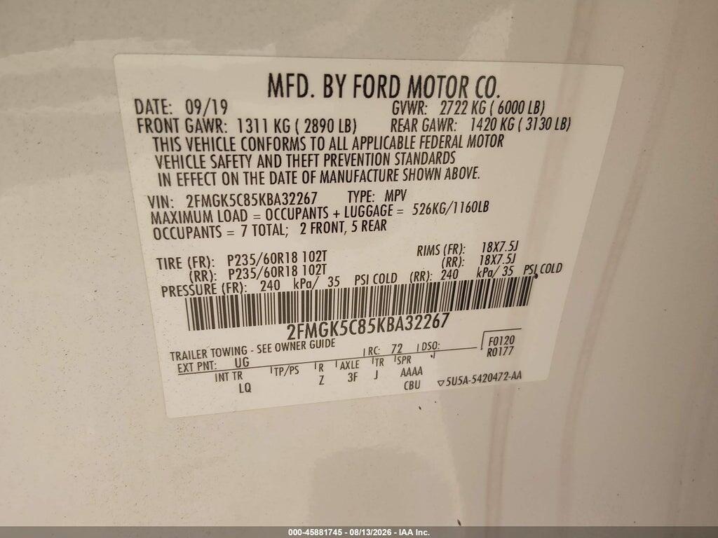 2FMGK5C85KBA32267 2019 FORD FLEX photo no. 9