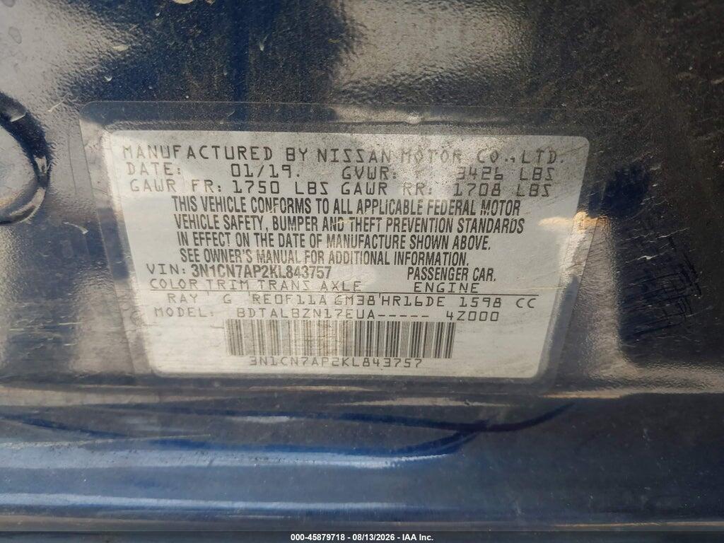 3N1CN7AP2KL843757 2019 NISSAN VERSA photo no. 9