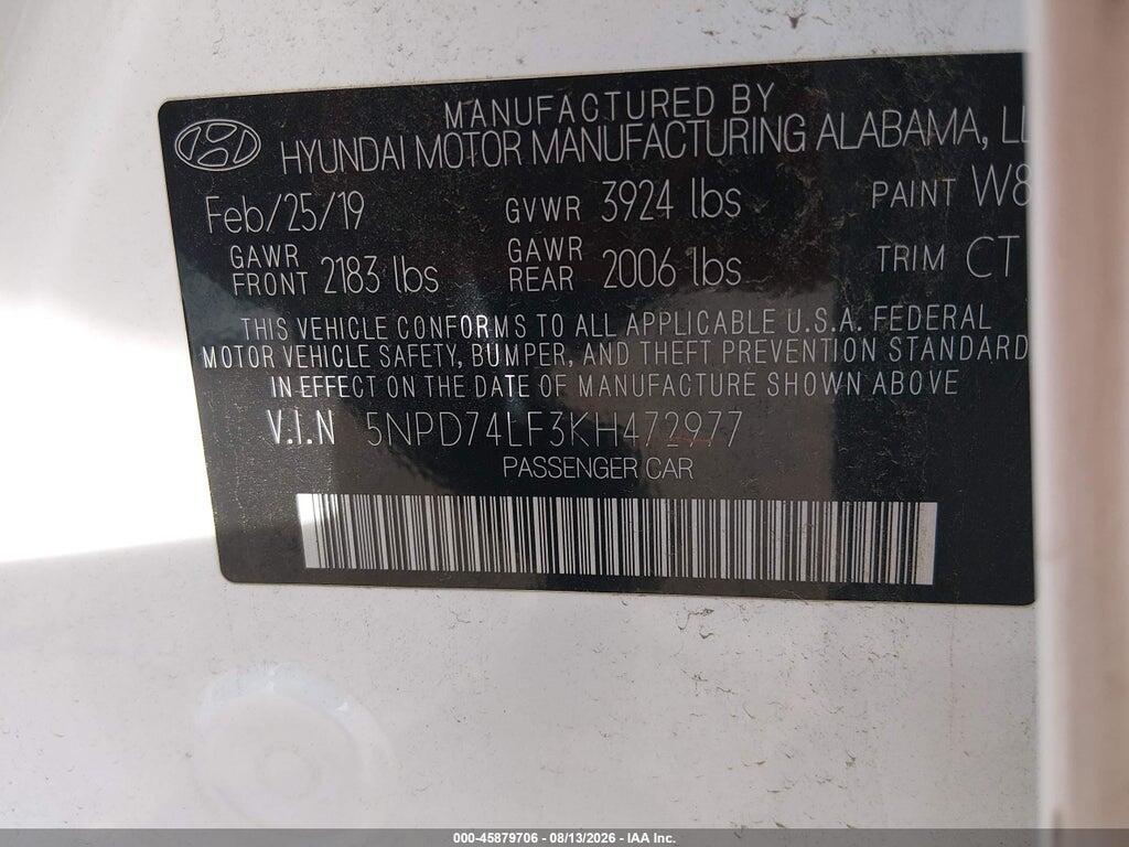 5NPD74LF3KH472977 2019 HYUNDAI ELANTRA photo no. 9