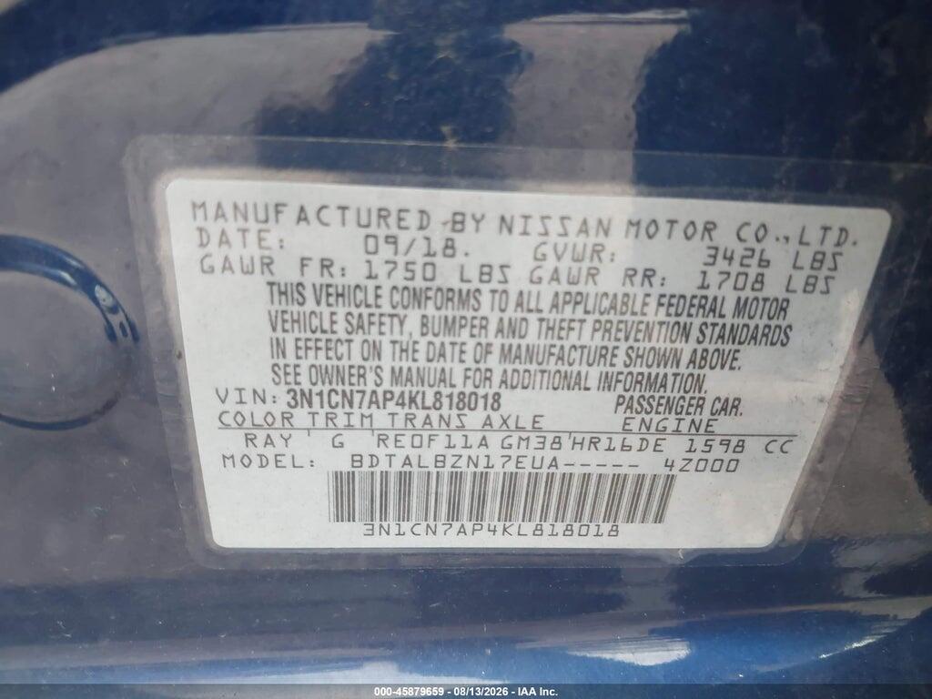 3N1CN7AP4KL818018 2019 NISSAN VERSA photo no. 9