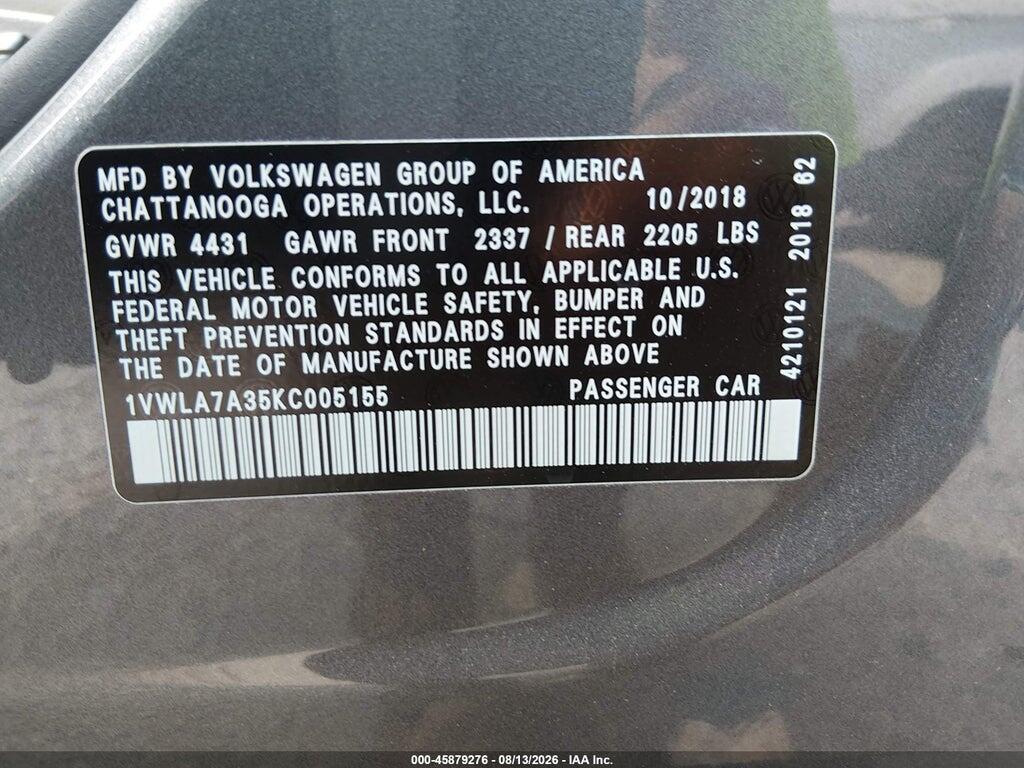1VWLA7A35KC005155 2019 VOLKSWAGEN PASSAT photo no. 9