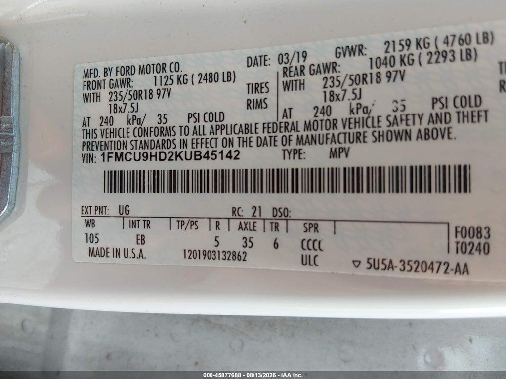 1FMCU9HD2KUB45142 2019 FORD ESCAPE photo no. 9