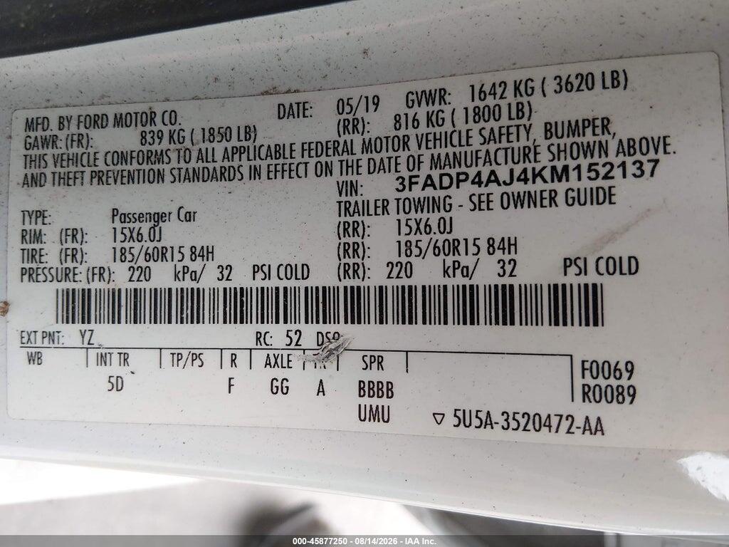 3FADP4AJ4KM152137 2019 FORD FIESTA photo no. 9