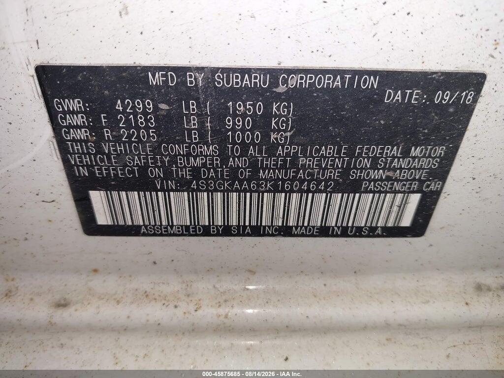 4S3GKAA63K1604642 2019 SUBARU IMPREZA photo no. 9