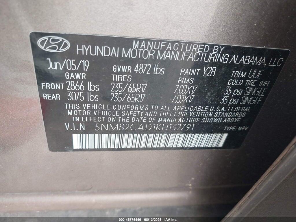 5NMS2CAD1KH132791 2019 HYUNDAI SANTA FE photo no. 9