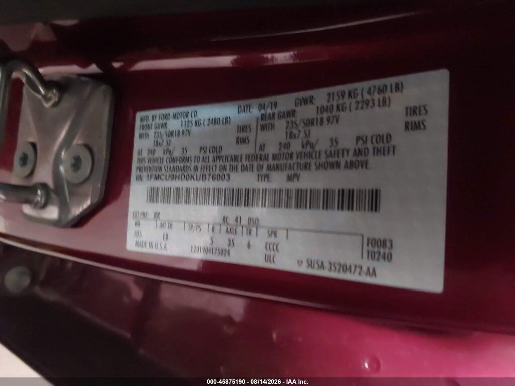 1FMCU9HD0KUB76003 2019 FORD ESCAPE photo no. 9