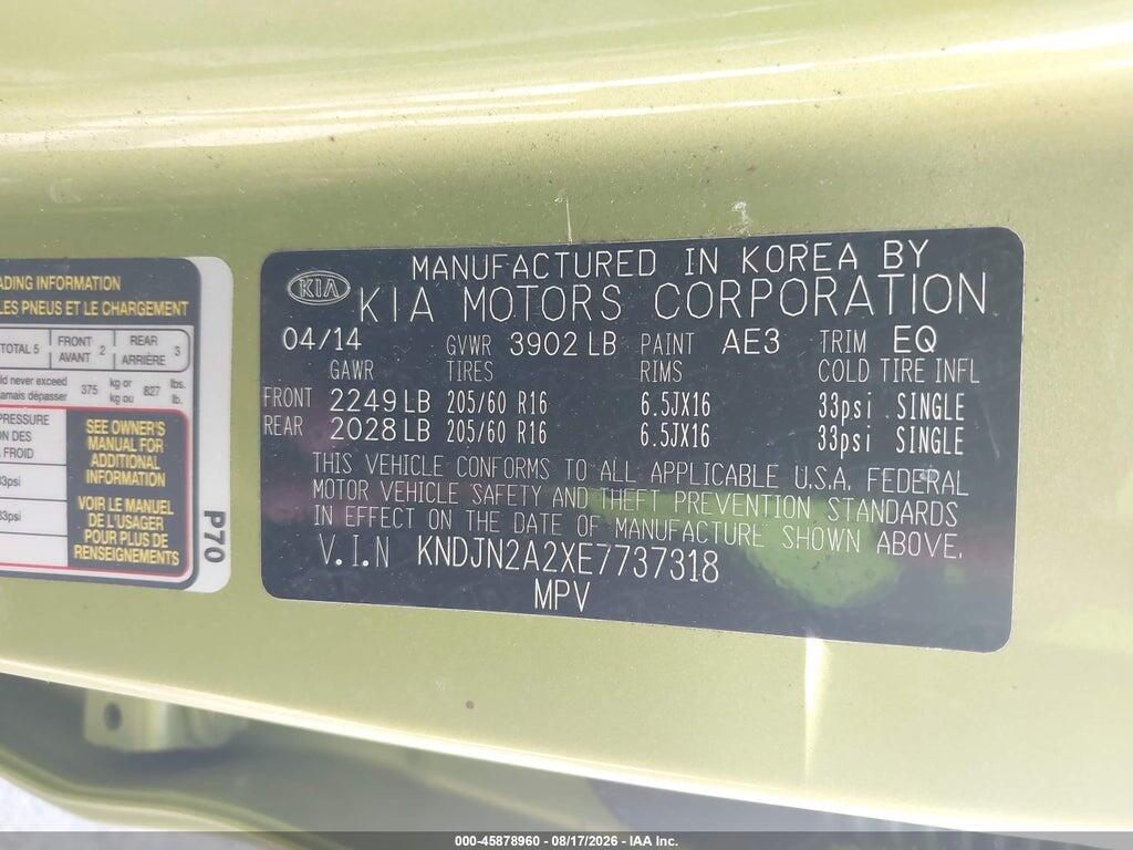 KNDJN2A2XE7737318 2014 KIA SOUL photo no. 9