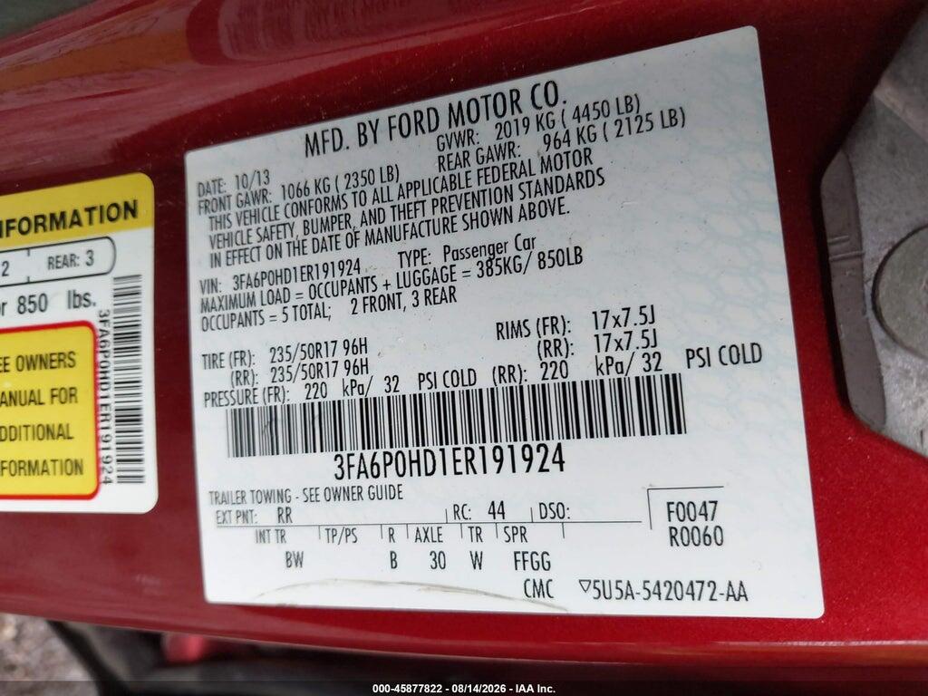 3FA6P0HD1ER191924 2014 FORD FUSION photo no. 9