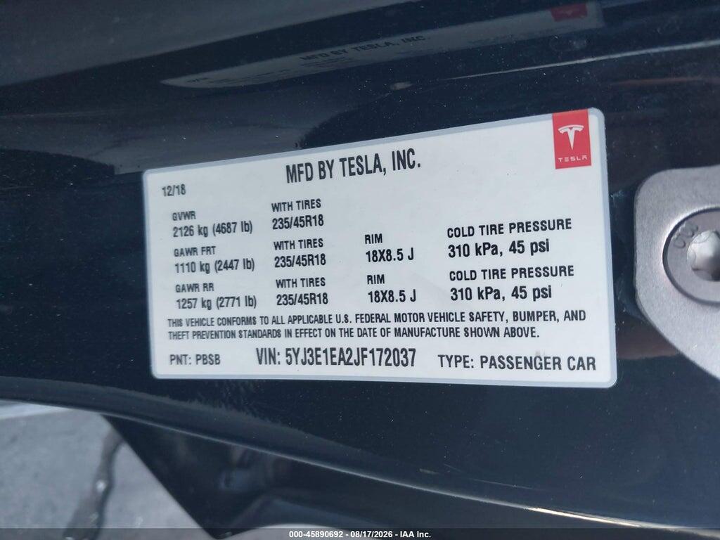 5YJ3E1EA2JF172037 2018 TESLA MODEL 3 photo no. 9