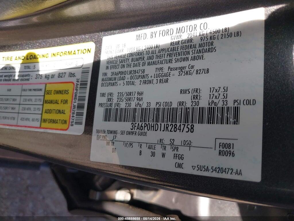 3FA6P0HD1JR284758 2018 FORD FUSION photo no. 9