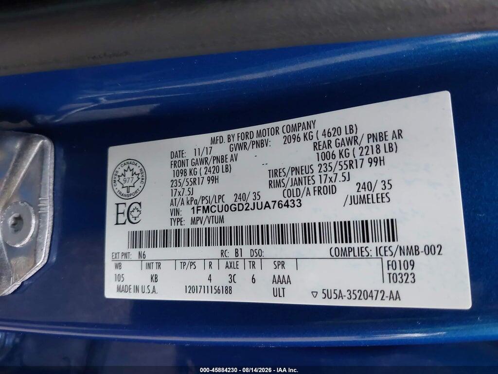 1FMCU0GD2JUA76433 2018 FORD ESCAPE photo no. 9