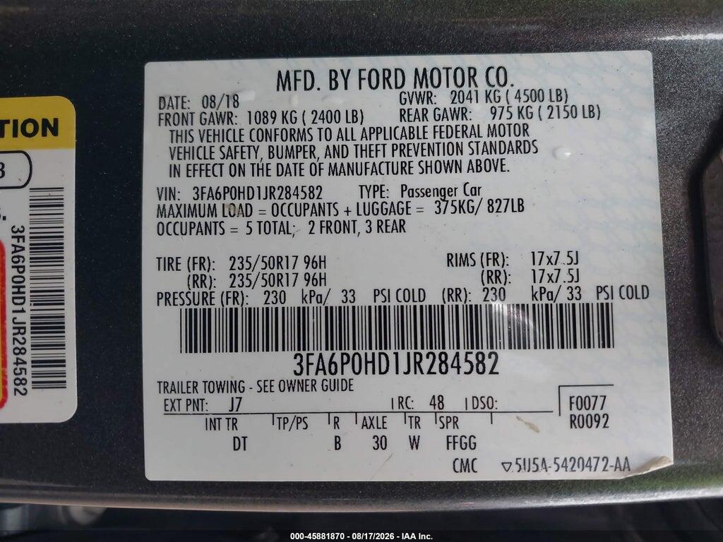 3FA6P0HD1JR284582 2018 FORD FUSION photo no. 9