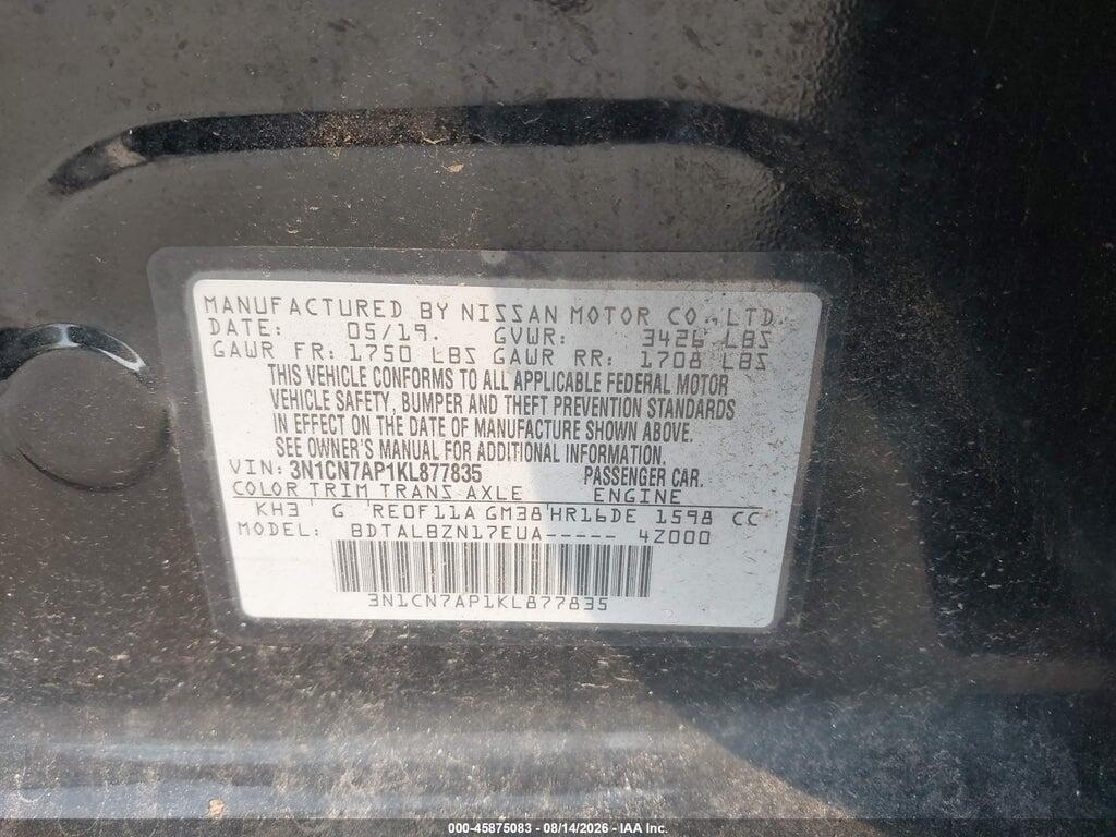 3N1CN7AP1KL877835 2019 NISSAN VERSA photo no. 9