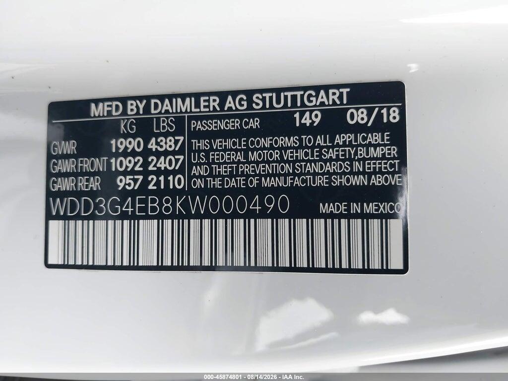WDD3G4EB8KW000490 2019 MERCEDES-BENZ A photo no. 9