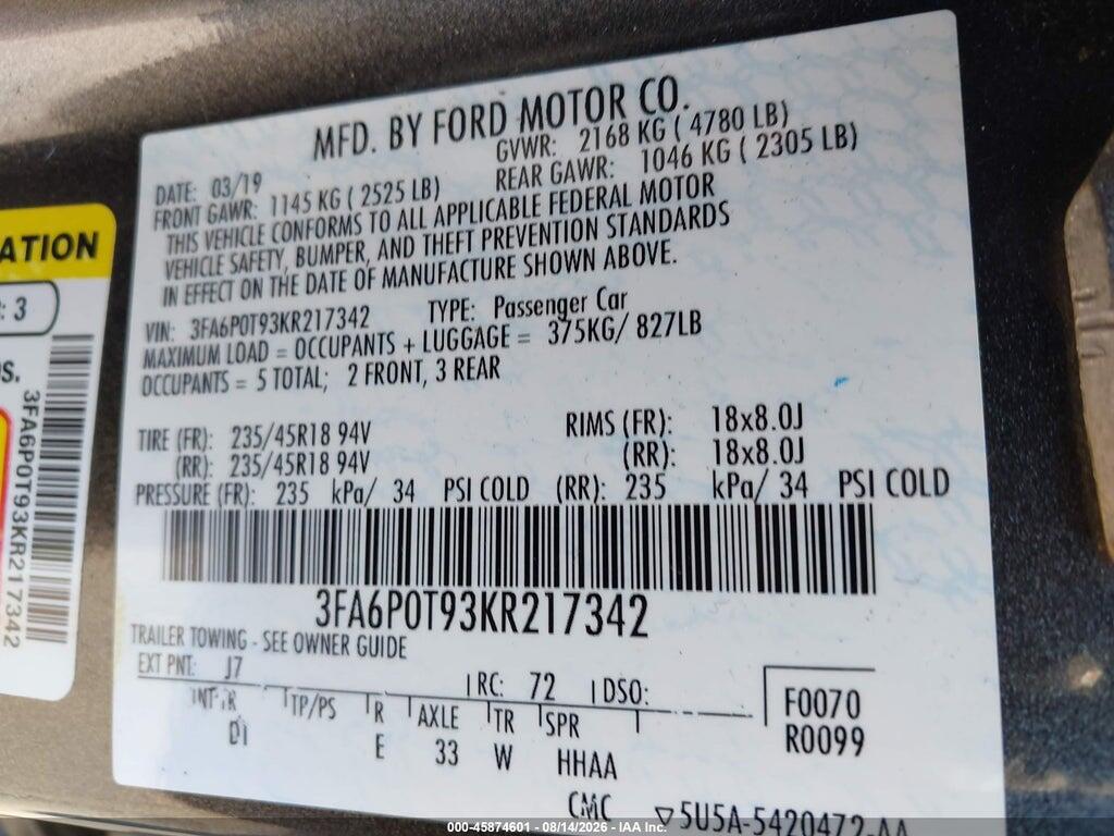 3FA6P0T93KR217342 2019 FORD FUSION photo no. 9