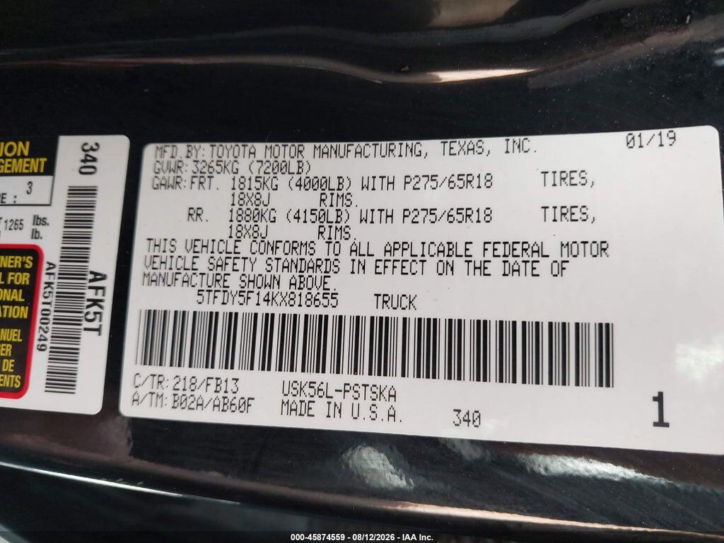 5TFDY5F14KX818655 2019 TOYOTA TUNDRA photo no. 9