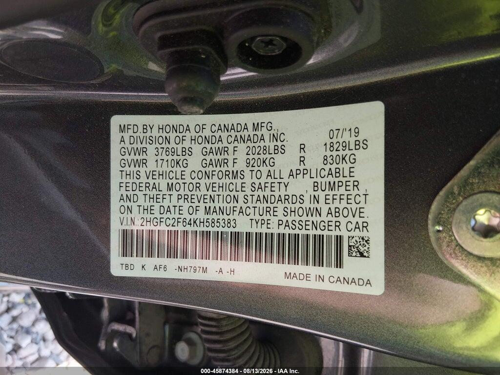 2HGFC2F64KH585383 2019 HONDA CIVIC photo no. 9