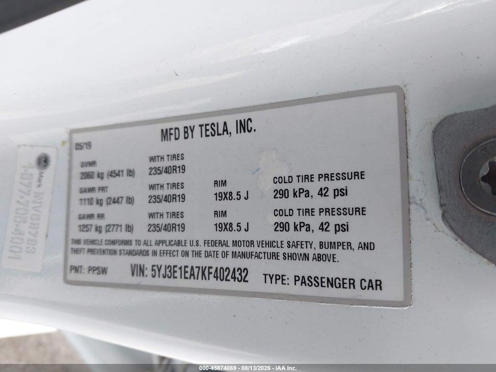 5YJ3E1EA7KF402432 2019 TESLA MODEL 3 photo no. 9