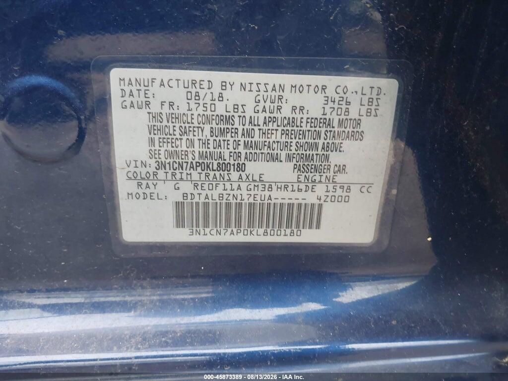 3N1CN7AP0KL800180 2019 NISSAN VERSA photo no. 9