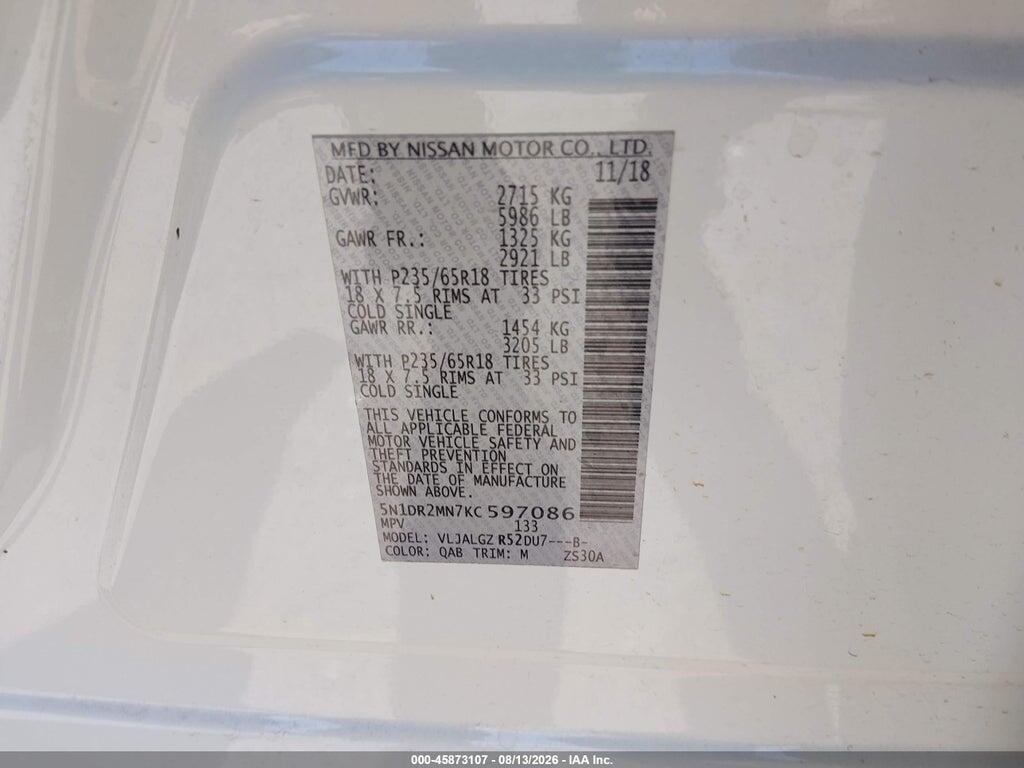 5N1DR2MN7KC597086 2019 NISSAN PATHFINDER photo no. 9