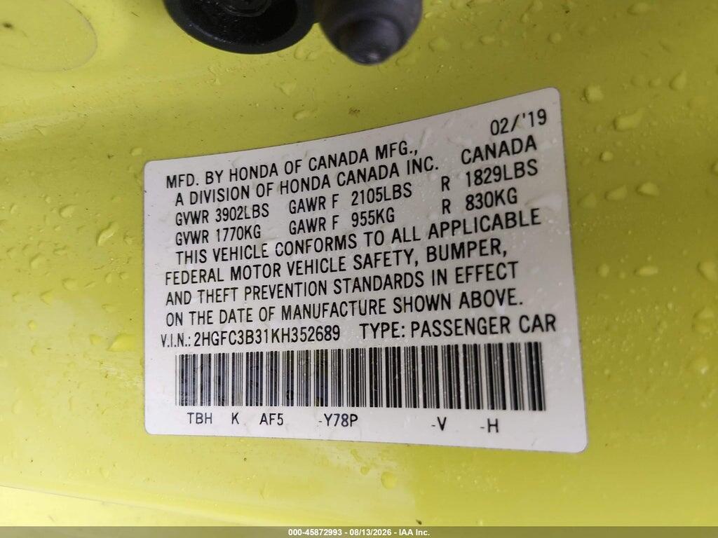 2HGFC3B31KH352689 2019 HONDA CIVIC photo no. 9