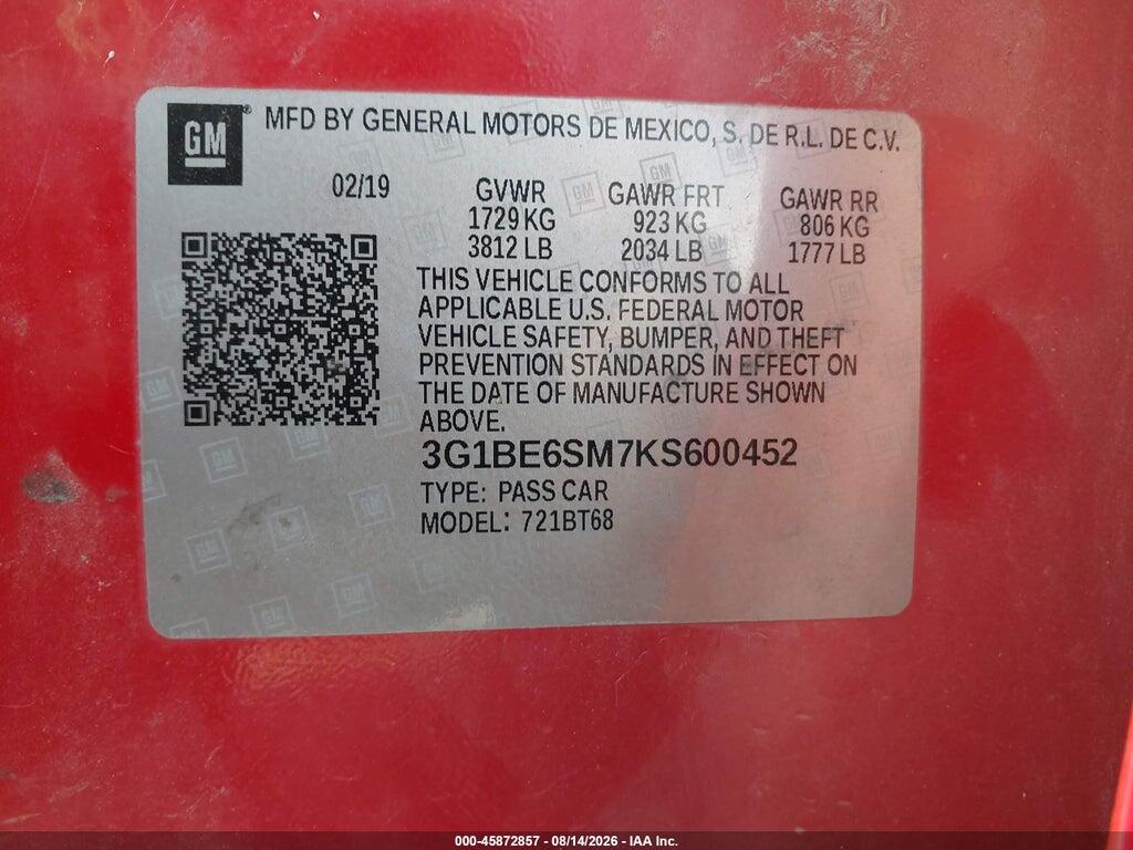 3G1BE6SM7KS600452 2019 CHEVROLET CRUZE photo no. 9