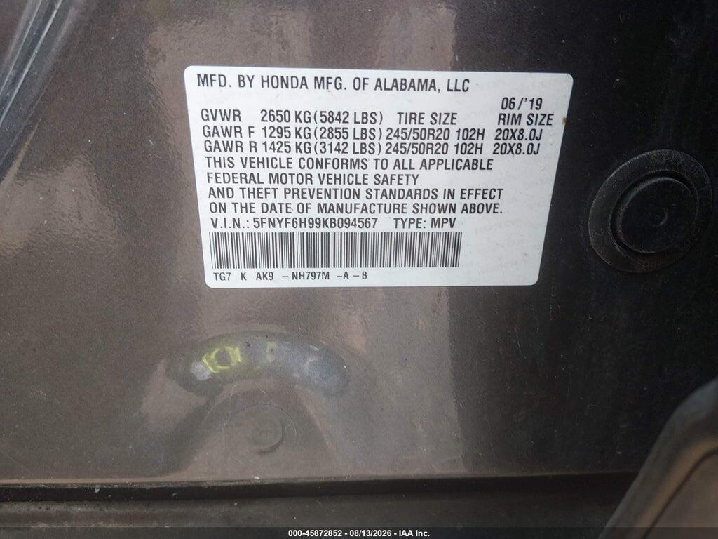 5FNYF6H99KB094567 2019 HONDA PILOT photo no. 9