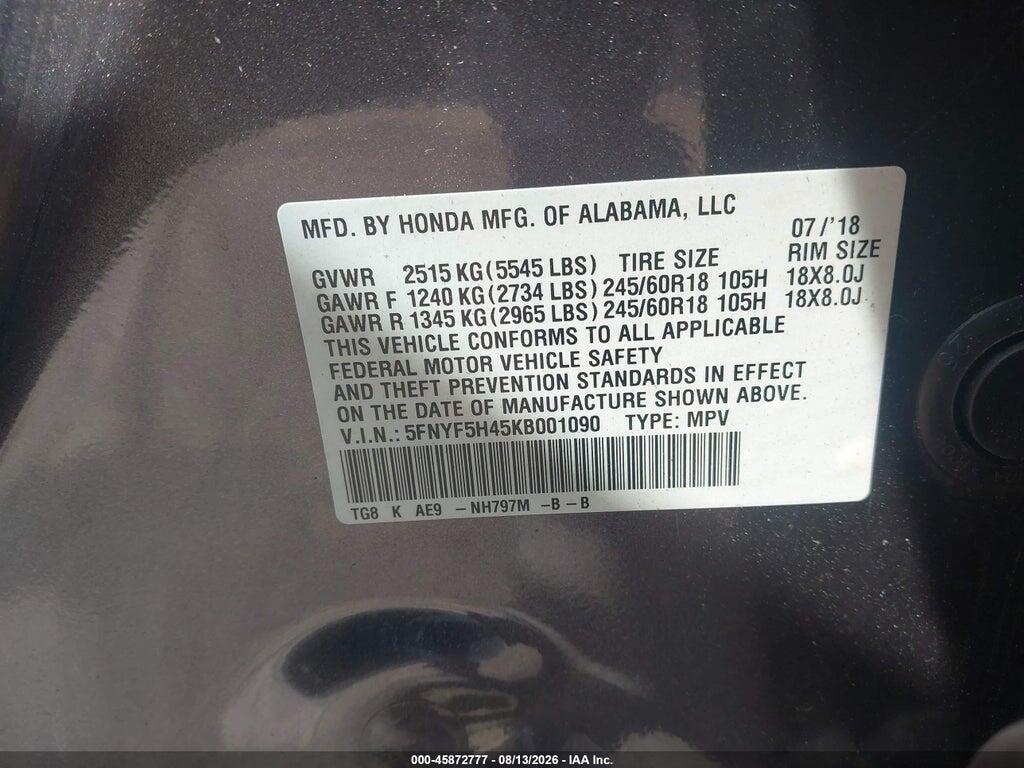 5FNYF5H45KB001090 2019 HONDA PILOT photo no. 9