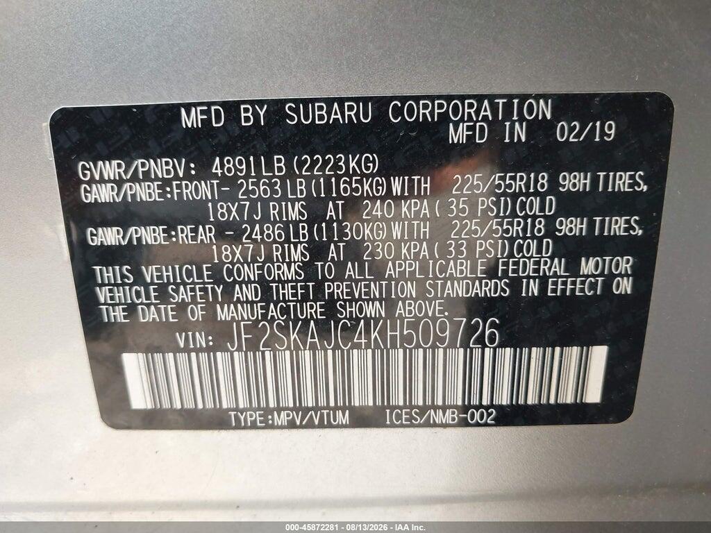 JF2SKAJC4KH509726 2019 SUBARU FORESTER photo no. 9