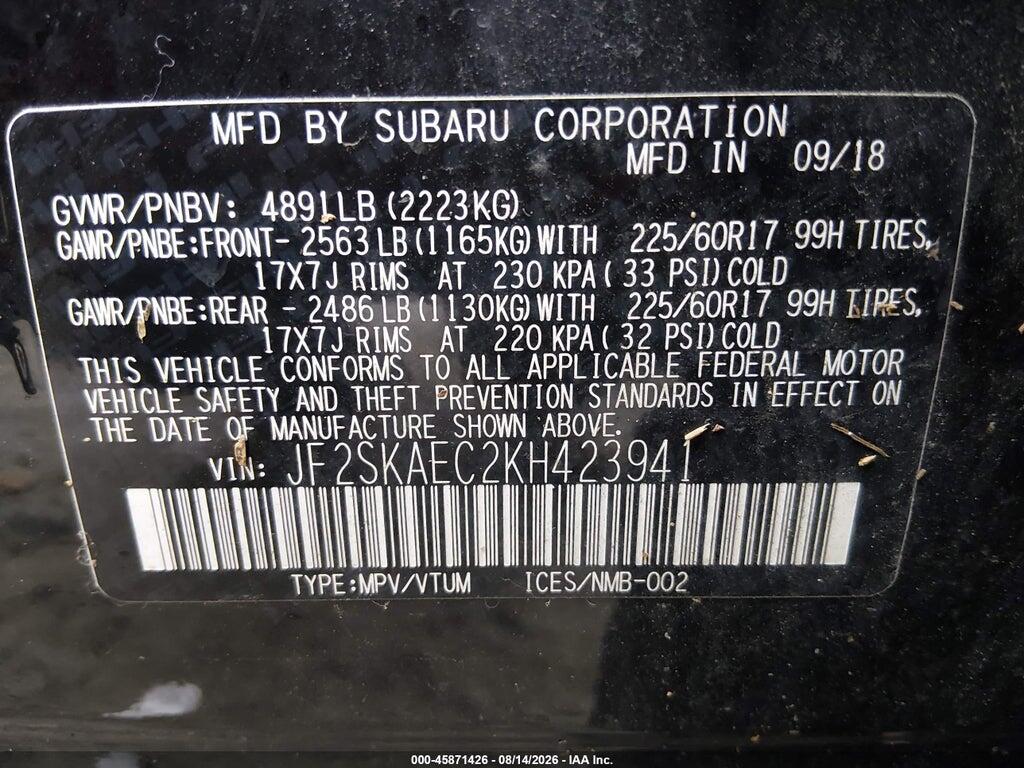 JF2SKAEC2KH423941 2019 SUBARU FORESTER photo no. 9