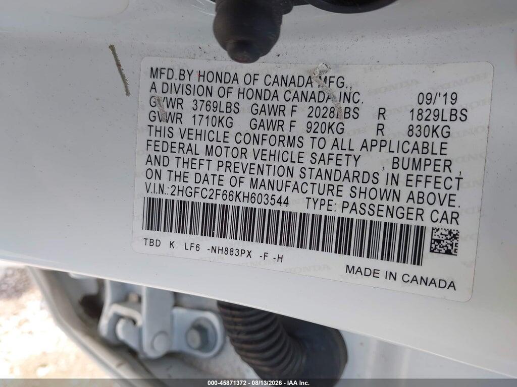2HGFC2F66KH603544 2019 HONDA CIVIC photo no. 9