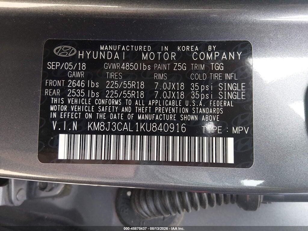 KM8J3CAL1KU840916 2019 HYUNDAI TUCSON photo no. 9