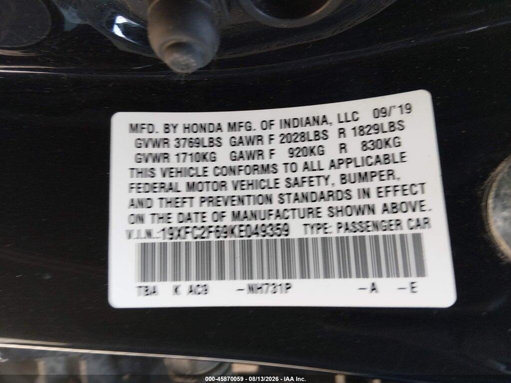 19XFC2F69KE049359 2019 HONDA CIVIC photo no. 9