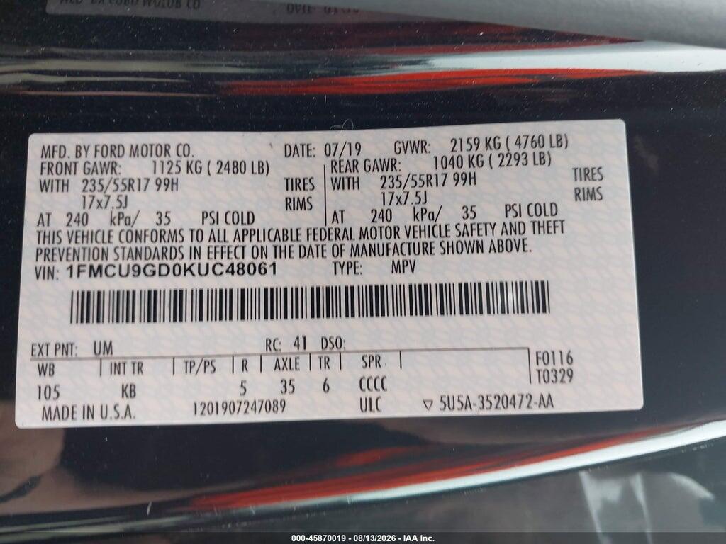 1FMCU9GD0KUC48061 2019 FORD ESCAPE photo no. 9
