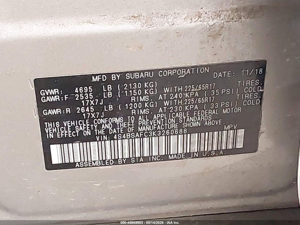 4S4BSAFC3K3260688 2019 SUBARU OUTBACK photo no. 9