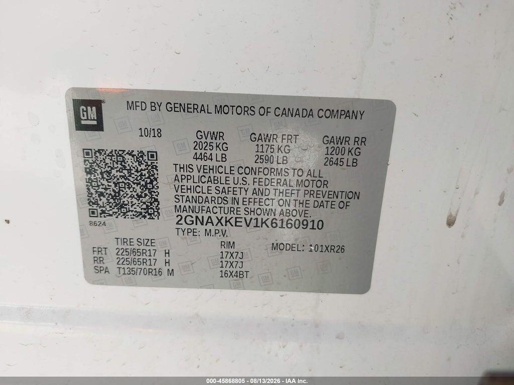 2GNAXKEV1K6160910 2019 CHEVROLET EQUINOX photo no. 9