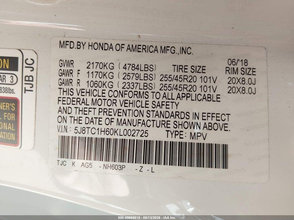 5J8TC1H60KL002725 2019 ACURA RDX photo no. 9