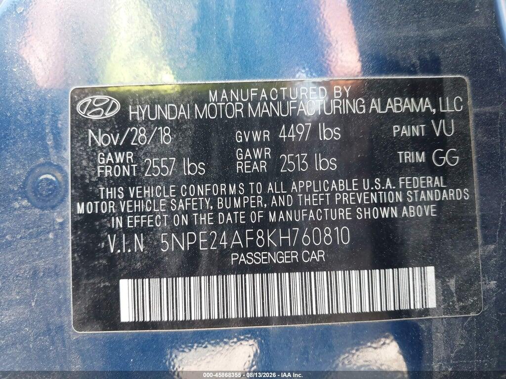 5NPE24AF8KH760810 2019 HYUNDAI SONATA photo no. 9