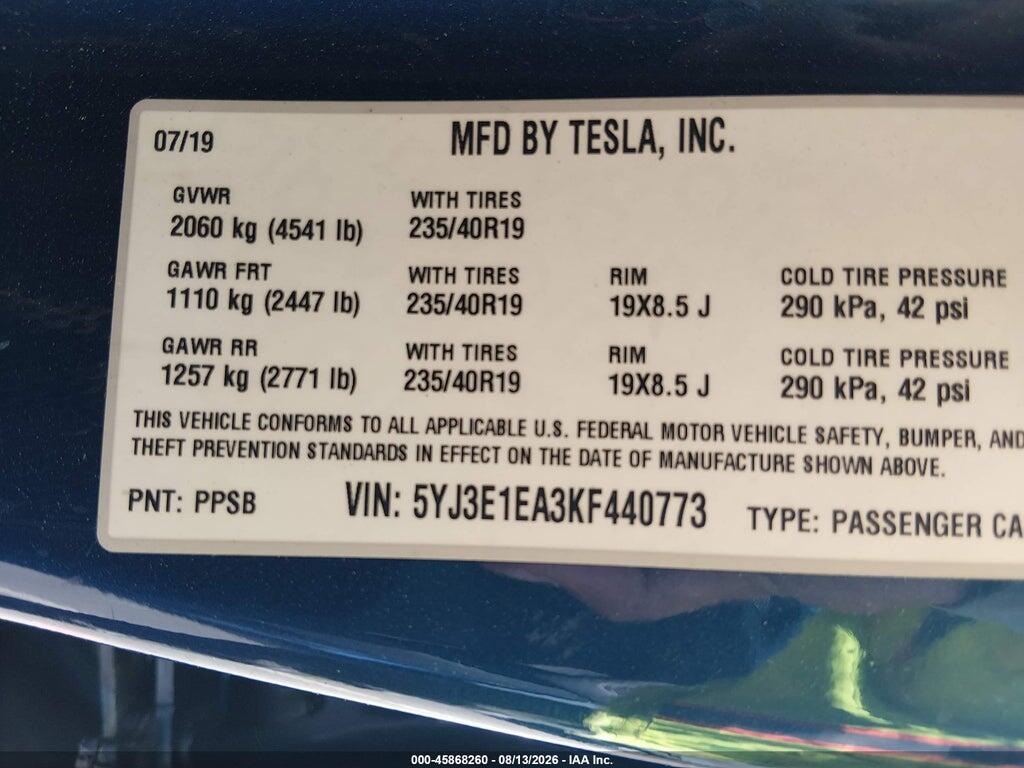 5YJ3E1EA3KF440773 2019 TESLA MODEL 3 photo no. 9