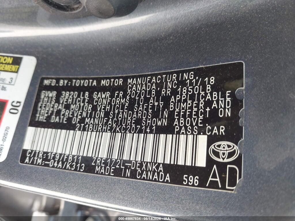 2T1BURHE7KC207141 2019 TOYOTA COROLLA photo no. 9