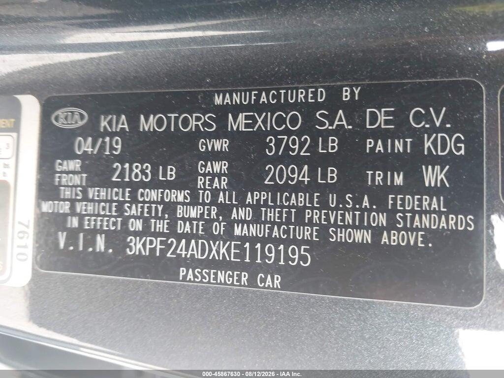 3KPF24ADXKE119195 2019 KIA FORTE photo no. 9