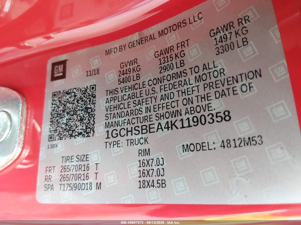 1GCHSBEA4K1190358 2019 CHEVROLET COLORADO photo no. 9