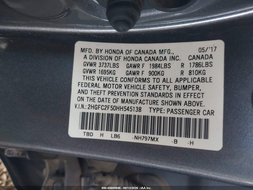 2HGFC2F50HH545138 2017 HONDA CIVIC photo no. 9