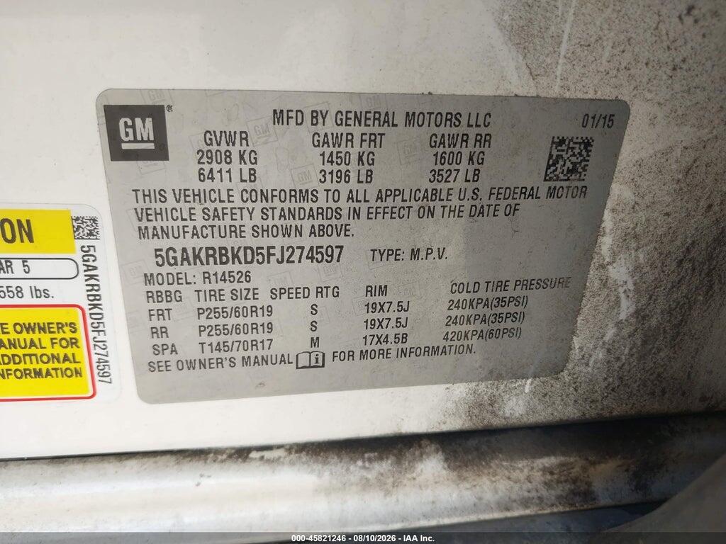 5GAKRBKD5FJ274597 2015 BUICK ENCLAVE photo no. 9