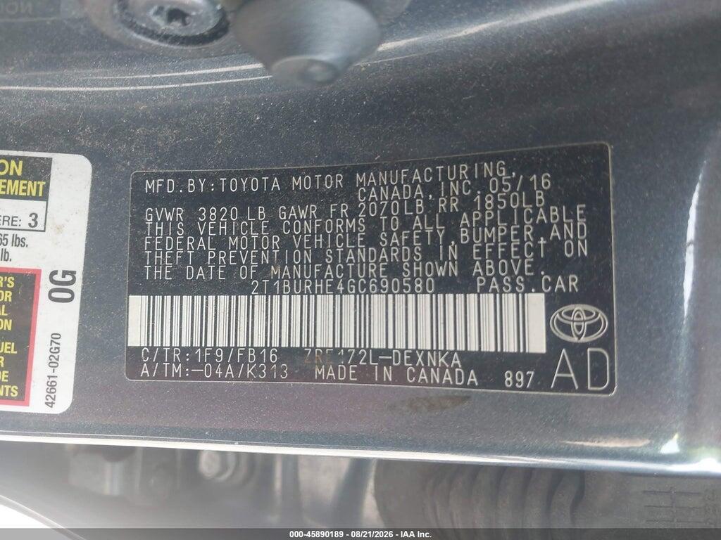 2T1BURHE4GC690580 2016 TOYOTA COROLLA photo no. 9