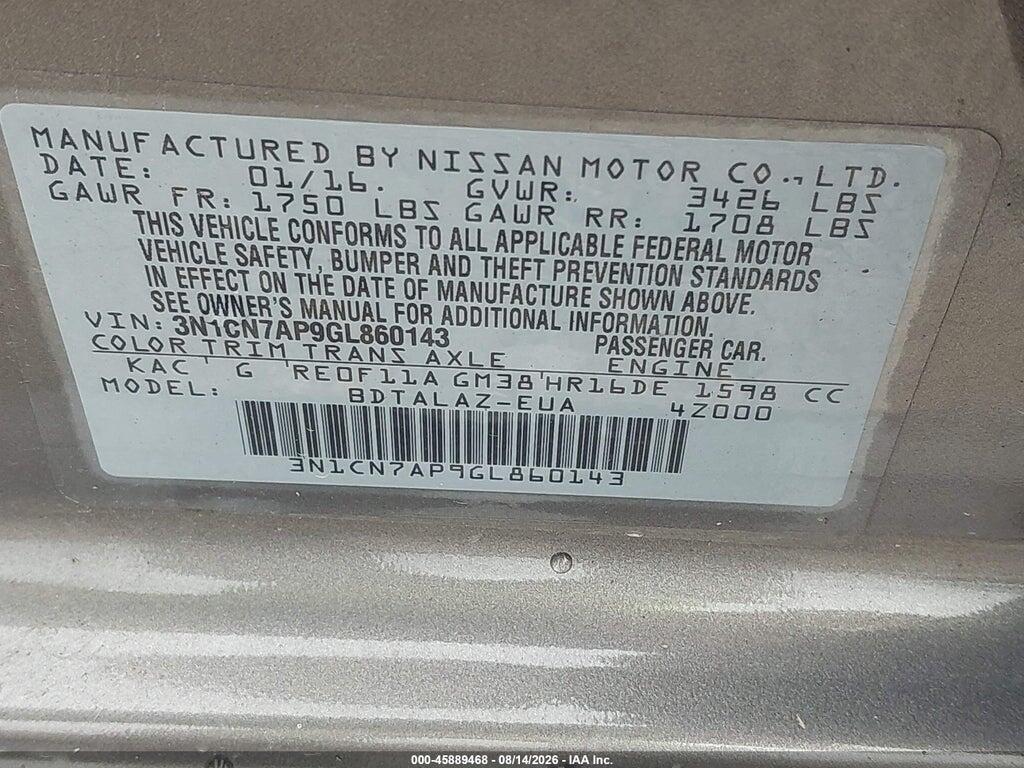 3N1CN7AP9GL860143 2016 NISSAN VERSA photo no. 9