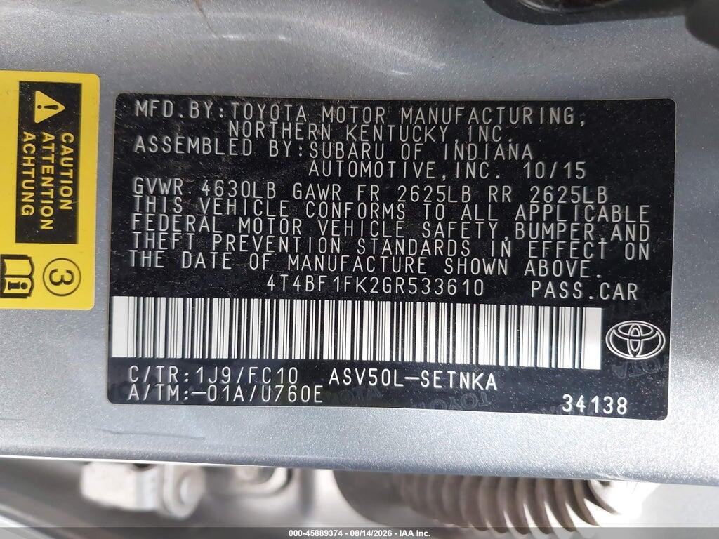 4T4BF1FK2GR533610 2016 TOYOTA CAMRY photo no. 9