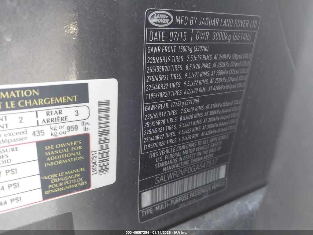 SALWR2VF0GA547517 2016 LAND ROVER RANGE ROVER SPORT photo no. 9