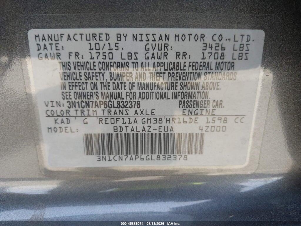 3N1CN7AP6GL832378 2016 NISSAN VERSA photo no. 9