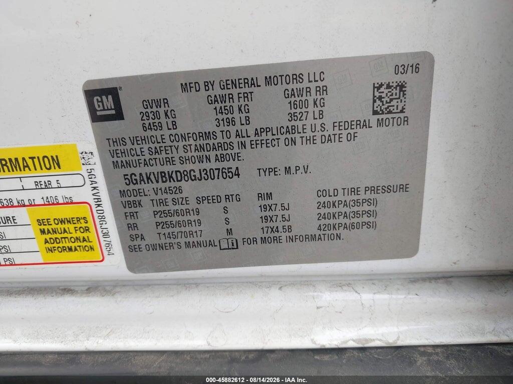 5GAKVBKD8GJ307654 2016 BUICK ENCLAVE photo no. 9